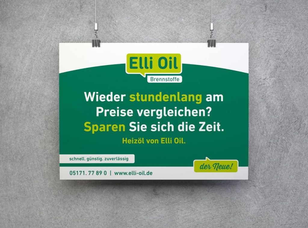 Werbeschild von ELLI Oil als professionelle Außenwerbung.