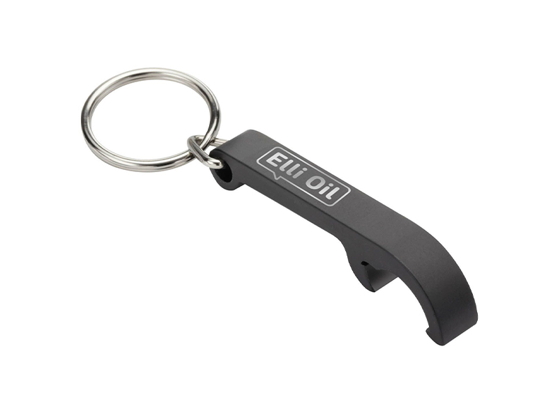 Flaschenöffner-Schlüsselanhänger mit Firmenlogo als Giveaway.
